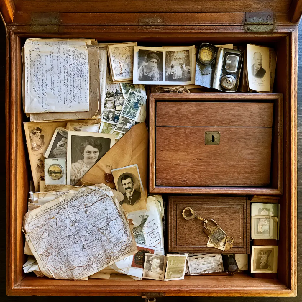 An open wooden box of family keepsakes — handwritten letters, portrait photographs, a folded map, and a pocket watch