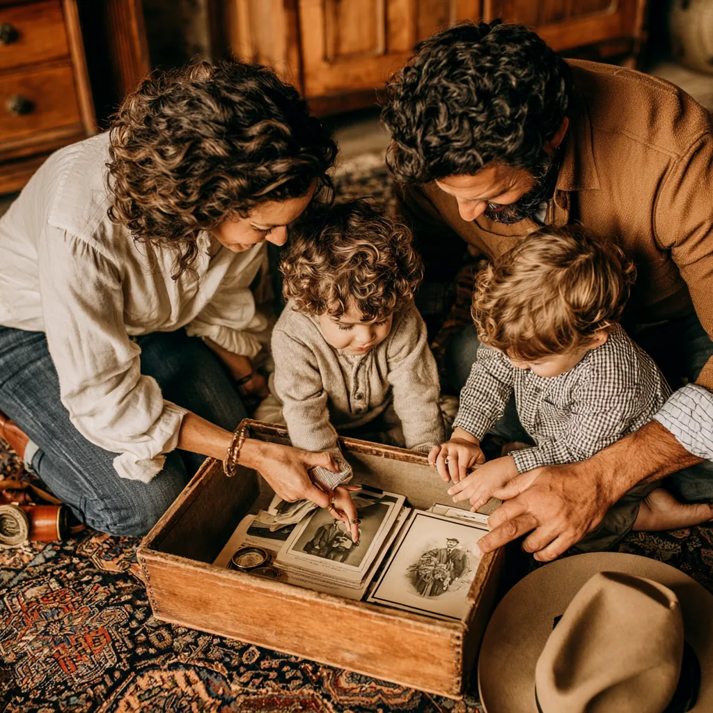 Two parents and two young children kneeling on a patterned rug, looking through an open wooden box of old family portraits together