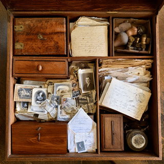 A box of family letters, photographs, and keepsakes